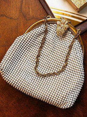 Whiting & Davis Ivory Mesh Cocktail Purse, Rhinestone Clasp, Compact Mirror